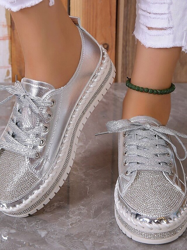 Fashion Casual Rhinestone Round Toe Lace-up Flat Heel Sneakers - Image 8
