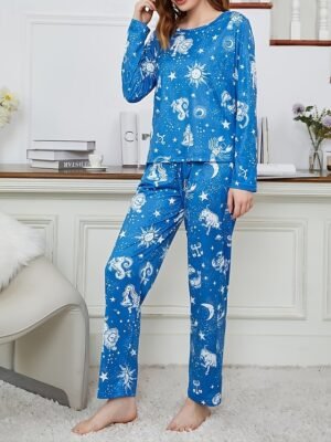 Fashion Comfort Floral Animal Crew Neck Long Sleeve Pajama Set - Image 4