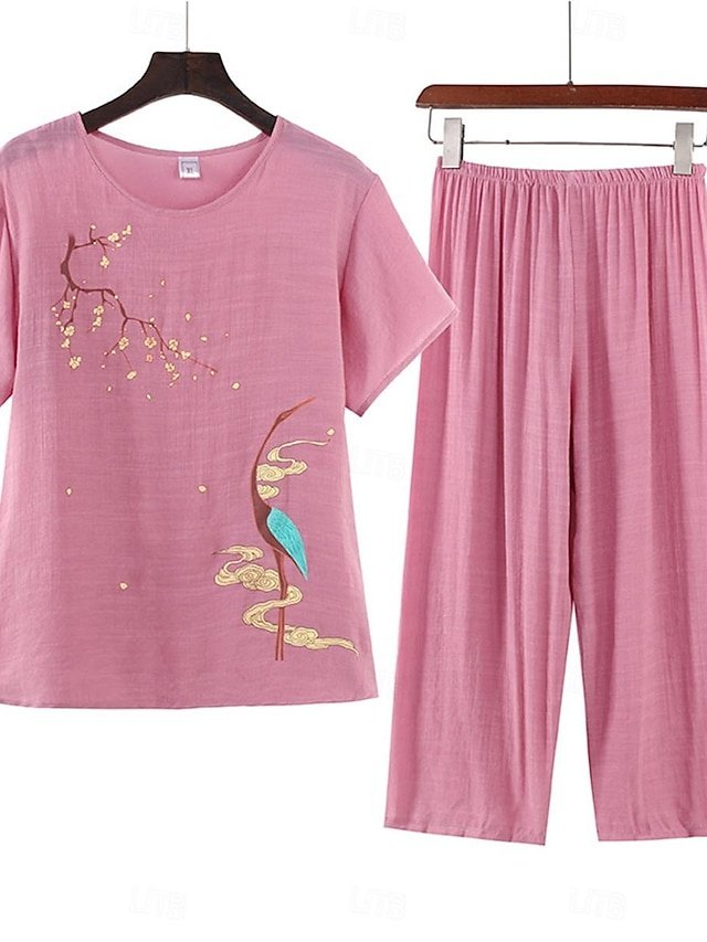 Fashion Comfort Floral Crew Neck Short Sleeve T-shirt & Shorts Pajamas Set - Image 2