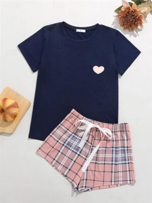 Fashion Comfort Heart Plaid Crew Neck Short Sleeve Shorts Pajama Set - Image 1
