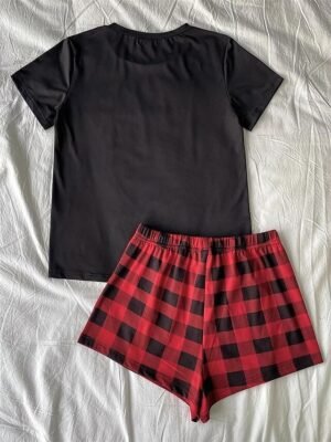 Fashion Comfort Heart Plaid Crew Neck Short Sleeve Shorts Pajama Set - Image 10