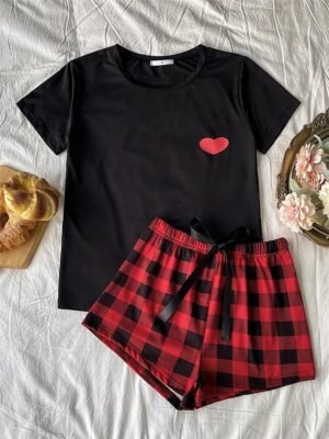 Fashion Comfort Heart Plaid Crew Neck Short Sleeve Shorts Pajama Set - Image 6