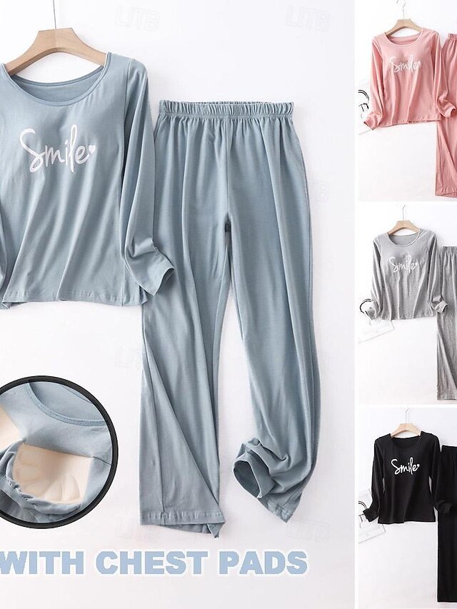 Fashion Comfort Letter Crew Neck Long Sleeve Cotton Pajamas Set - Image 1