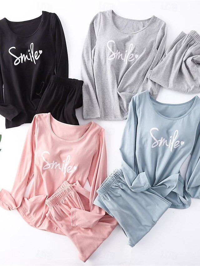 Fashion Comfort Letter Crew Neck Long Sleeve Cotton Pajamas Set - Image 2