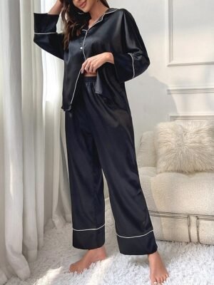 Fashion Comfort Pure Colour Lapel Long Sleeve Pajama Set - Image 11