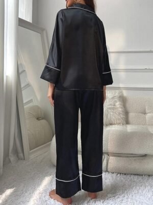Fashion Comfort Pure Colour Lapel Long Sleeve Pajama Set - Image 12