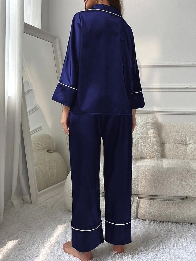Fashion Comfort Pure Colour Lapel Long Sleeve Pajama Set - Image 2