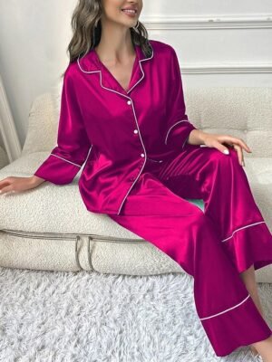 Fashion Comfort Pure Colour Lapel Long Sleeve Pajama Set - Image 21