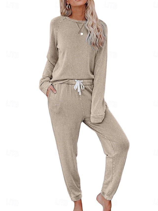 Fashion Comfort Pure Crew Neck Long Sleeve Elastic Waist Pajama Set - Image 1