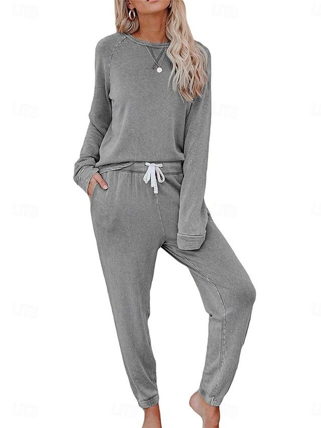 Fashion Comfort Pure Crew Neck Long Sleeve Elastic Waist Pajama Set - Image 2