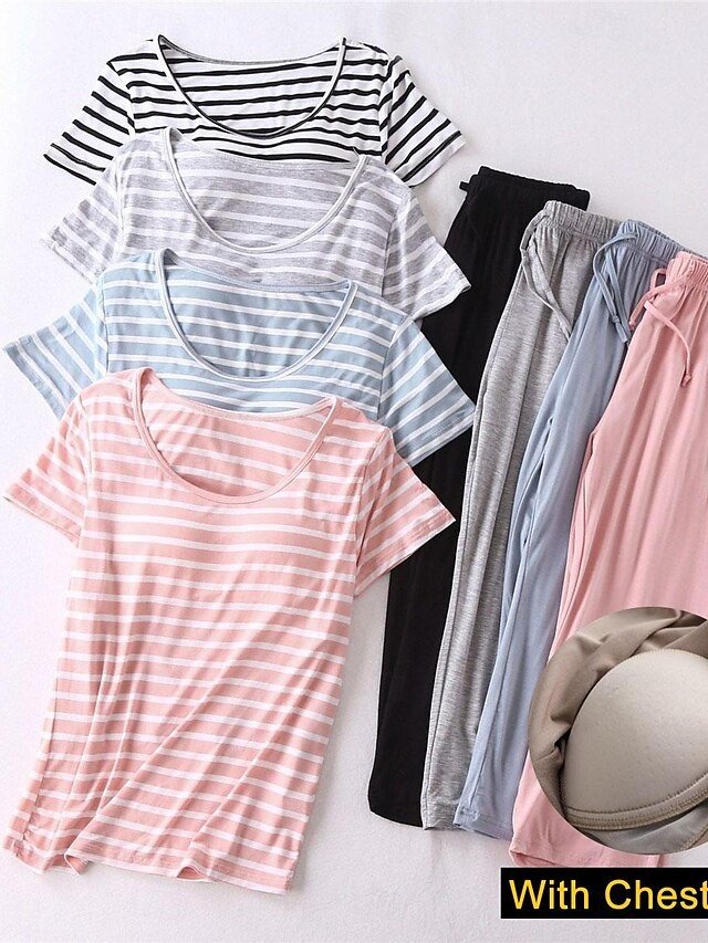 Fashion Comfort Stripe Crew Neck Short Sleeve Pajama Set - Image 1