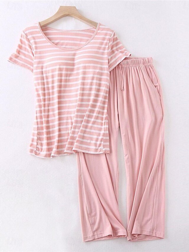 Fashion Comfort Stripe Crew Neck Short Sleeve Pajama Set - Image 2