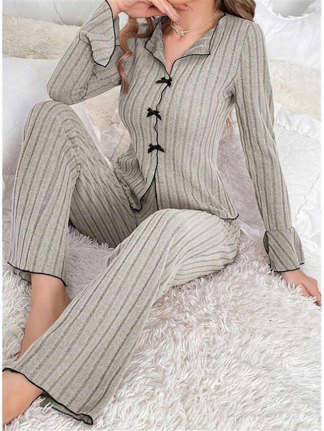 Fashion Comfort V Wire Long Sleeve Knit Pajama Set - Image 1