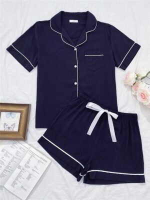 Fashion Comfortable Pure Colour Lapel Short Sleeve Summer Pajama Set - Image 29