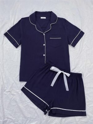 Fashion Comfortable Pure Colour Lapel Short Sleeve Summer Pajama Set - Image 30