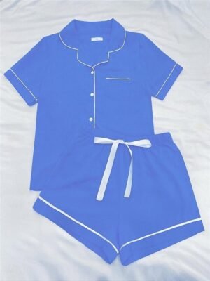 Fashion Comfortable Pure Colour Lapel Short Sleeve Summer Pajama Set - Image 35