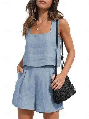 Fashion Loose Pure Colour Square Neck Sleeveless Strap Top Shorts Loungewear Set - Image 5