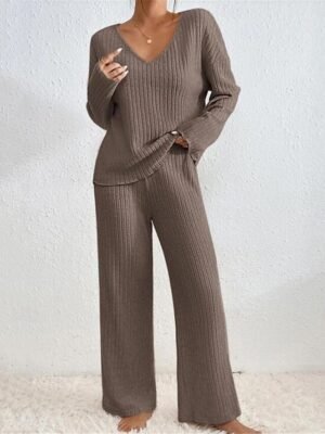 Fashion Loose Pure V Wire Long Sleeve Elastic Waist Pajama Set - Image 2