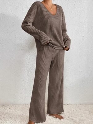Fashion Loose Pure V Wire Long Sleeve Elastic Waist Pajama Set - Image 3