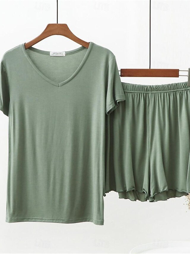 Fashion Loose Solid V Wire Short Sleeve Summer Pajama Set - Image 1