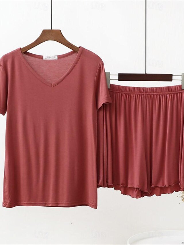 Fashion Loose Solid V Wire Short Sleeve Summer Pajama Set - Image 2