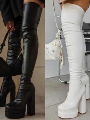 Fashion Over-the-Knee Platform Square Toe Chunky Heel Boots - Image 1
