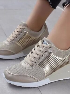 Fashion Plus Size Leopard Round Toe Lace-up Platform Wedge Sneakers - Image 1