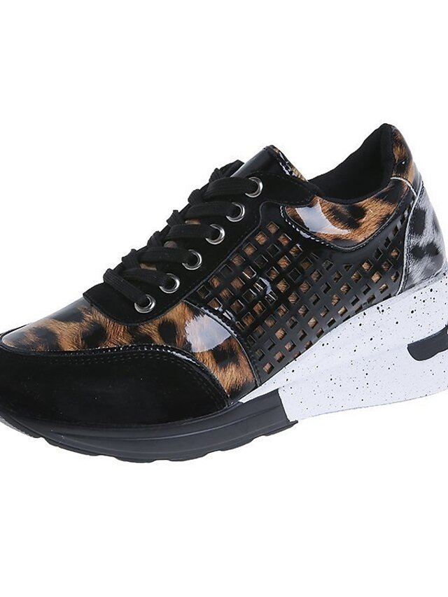 Fashion Plus Size Leopard Round Toe Lace-up Platform Wedge Sneakers - Image 2