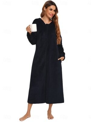 Fashion Simple Pure Colour Long Sleeve Fleece Robe - Image 3