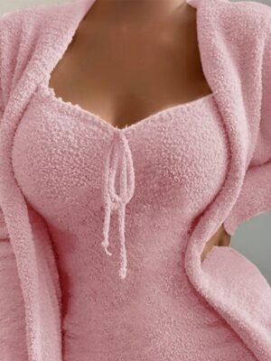 Fashion Simple V Wire Strap Sleeveless Fleece Home Loungewear Set - Image 3