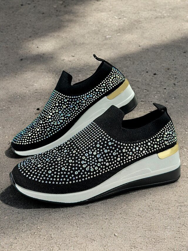 Fashion Slip-On Rhinestone Embellished Black Sneakers - Image 1