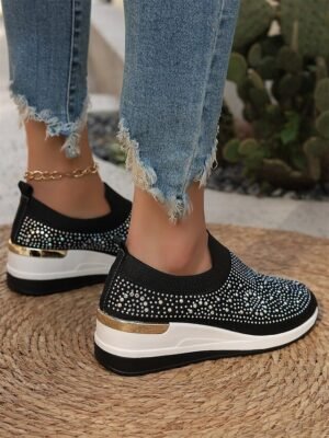 Fashion Slip-On Rhinestone Embellished Black Sneakers - Image 10