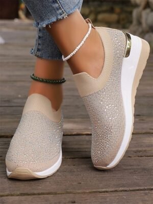 Fashion Slip-On Rhinestone Embellished Black Sneakers - Image 12