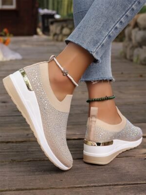 Fashion Slip-On Rhinestone Embellished Black Sneakers - Image 15