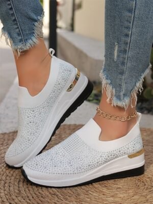 Fashion Slip-On Rhinestone Embellished Black Sneakers - Image 17
