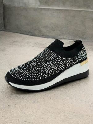 Fashion Slip-On Rhinestone Embellished Black Sneakers - Image 2