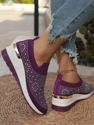 Fashion Slip-On Rhinestone Embellished Black Sneakers - Image 25