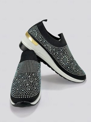 Fashion Slip-On Rhinestone Embellished Black Sneakers - Image 3