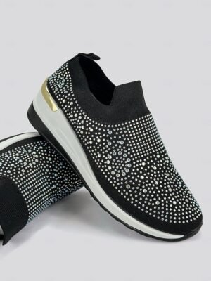 Fashion Slip-On Rhinestone Embellished Black Sneakers - Image 5