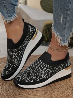 Fashion Slip-On Rhinestone Embellished Black Sneakers - Image 6