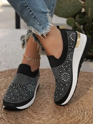 Fashion Slip-On Rhinestone Embellished Black Sneakers - Image 7