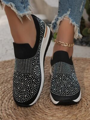 Fashion Slip-On Rhinestone Embellished Black Sneakers - Image 8