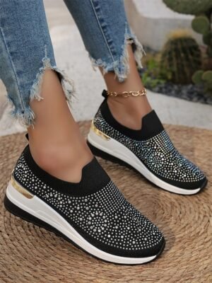 Fashion Slip-On Rhinestone Embellished Black Sneakers - Image 9