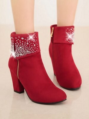 Festive Red Suede Rhinestone Embellished Ankle Boots with Block Heels - Image 3