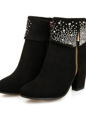 Festive Red Suede Rhinestone Embellished Ankle Boots with Block Heels - Image 4