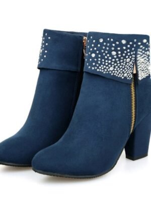 Festive Red Suede Rhinestone Embellished Ankle Boots with Block Heels - Image 5