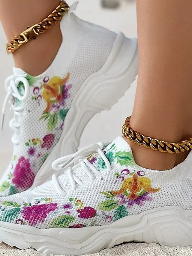 Floral Print Breathable Lace-Up Knit Sneakers - Image 1