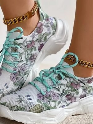 Floral Print Breathable Lace-Up Knit Sneakers - Image 10