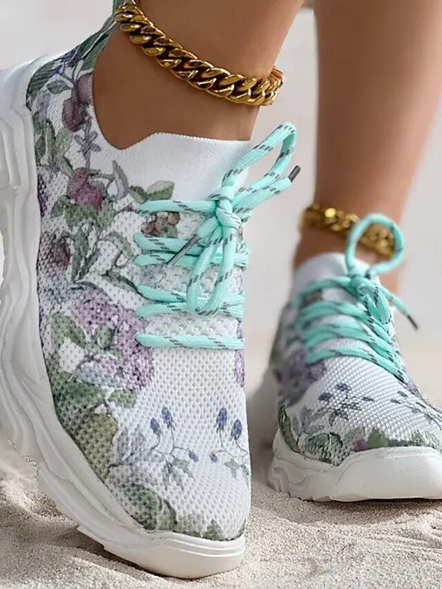 Floral Print Breathable Lace-Up Knit Sneakers - Image 11