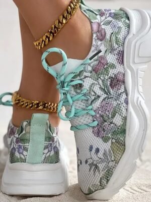 Floral Print Breathable Lace-Up Knit Sneakers - Image 12
